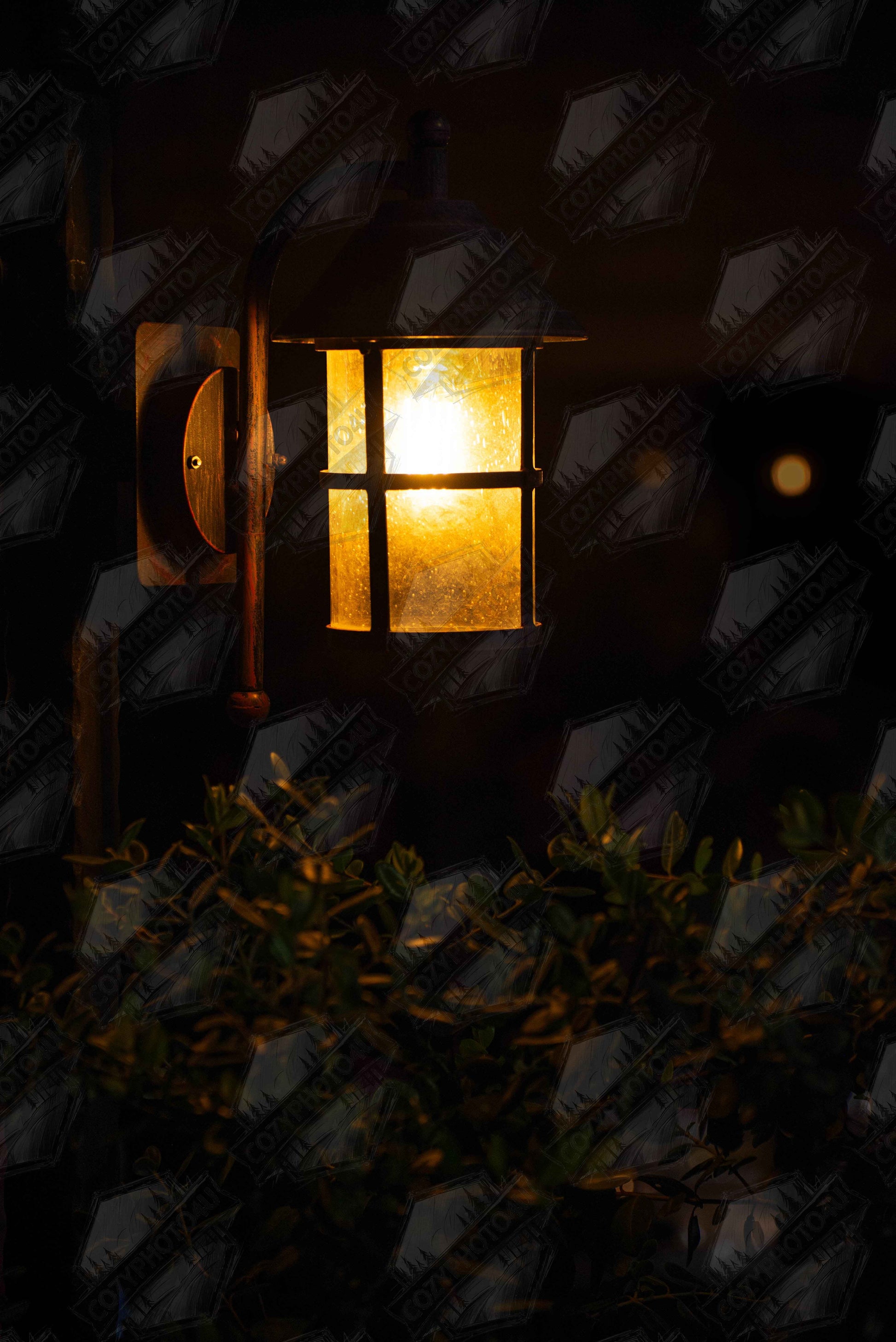 Gigital Picture wall art Glowing vintage lantern mounted on a wooden pole in front of a bush at night