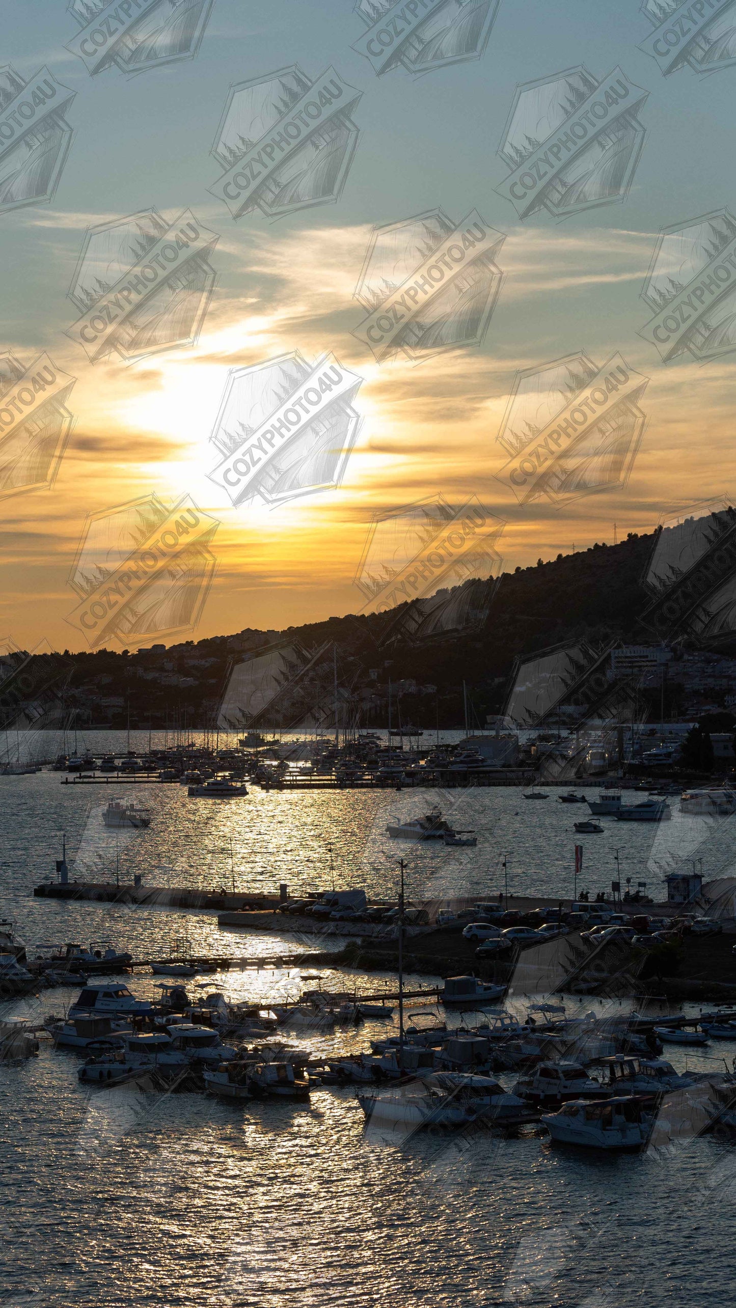 Digital picture art of small boats anchored in a seaside port during Sunset at the harbor