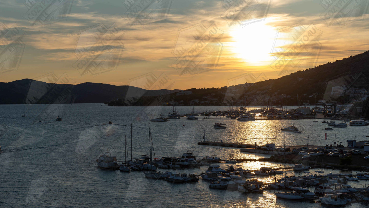 Digital Picure wall art of small boats anchored in a seaside port during Sunset at the harbor