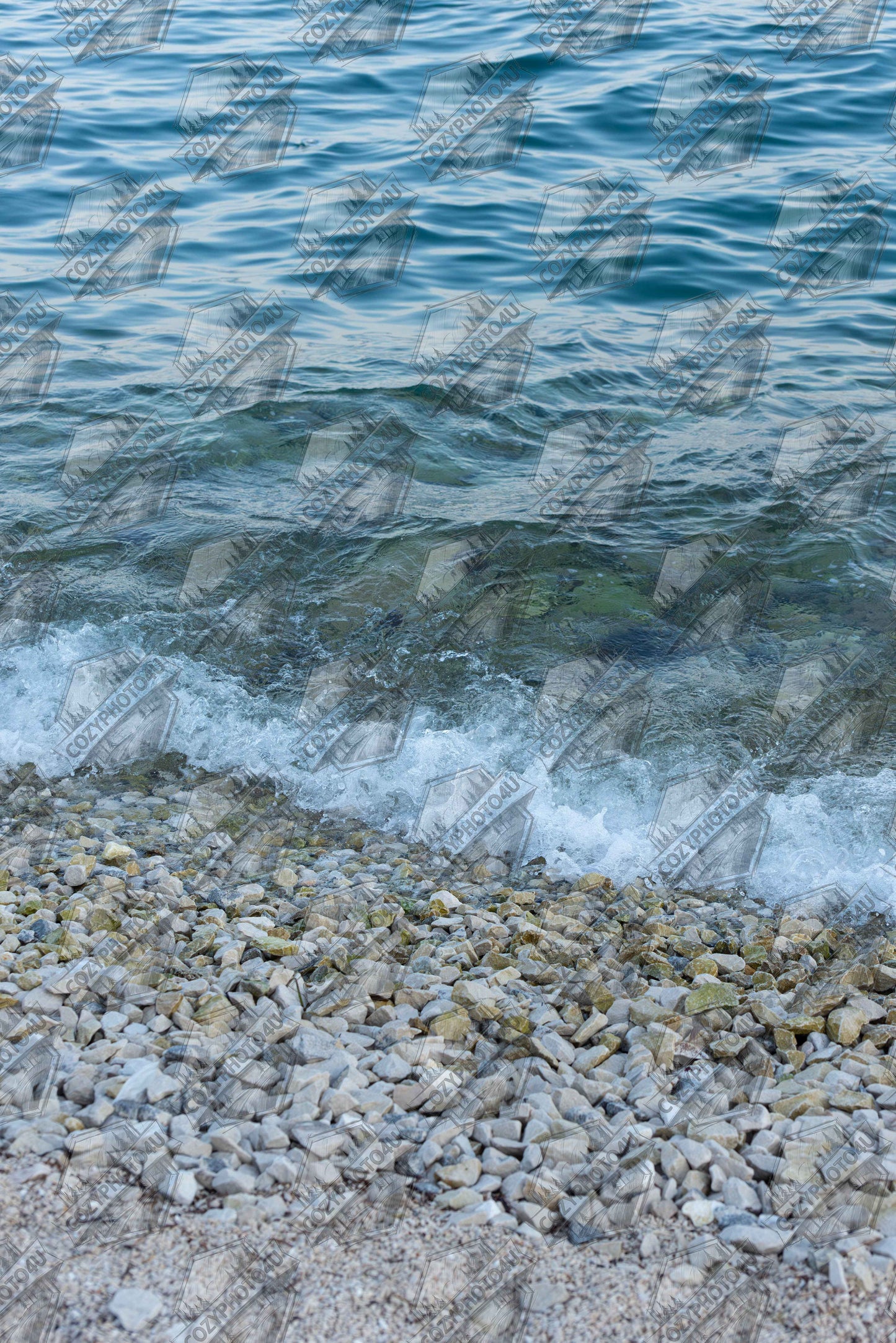 Digital picture Aerial view ocean beach with wood frame canvas print, top down drone shot of blue sea foam and pebbles