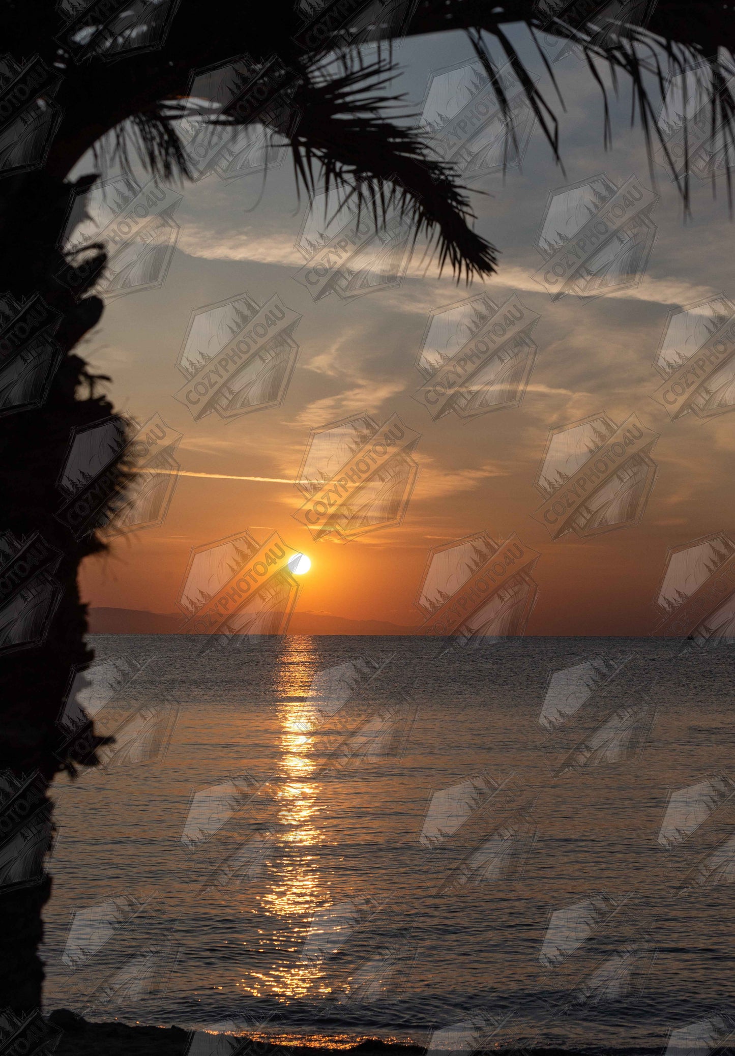 digital picture art Sunset over calm water with golden reflections, framed by tree branches in a peaceful natural landscape