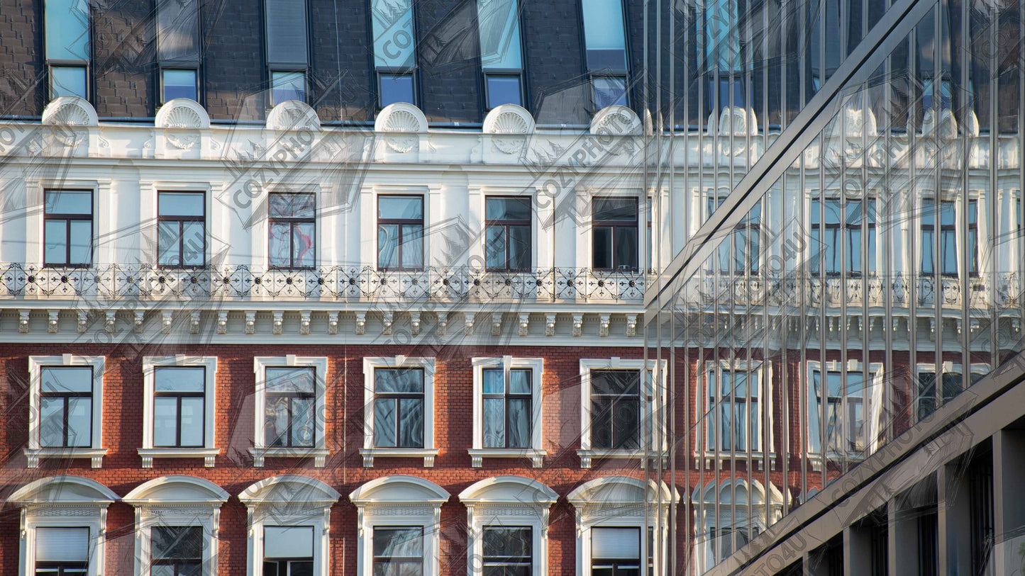 Digital Picture art Historic European style building facade with multiple windows and elegant architectural details