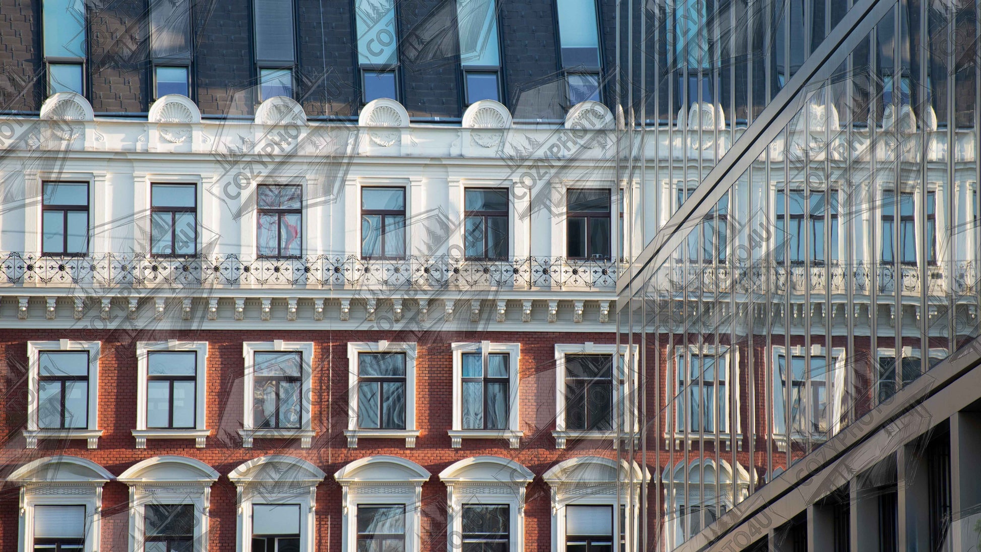 Digital Picture art Historic European style building facade with multiple windows and elegant architectural details