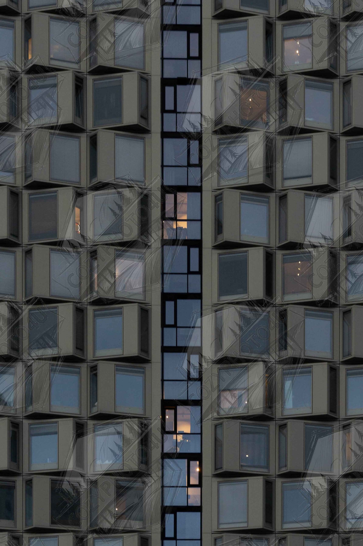 Digital picture art Close up view of a modern building facade with a grid of reflective glass windows