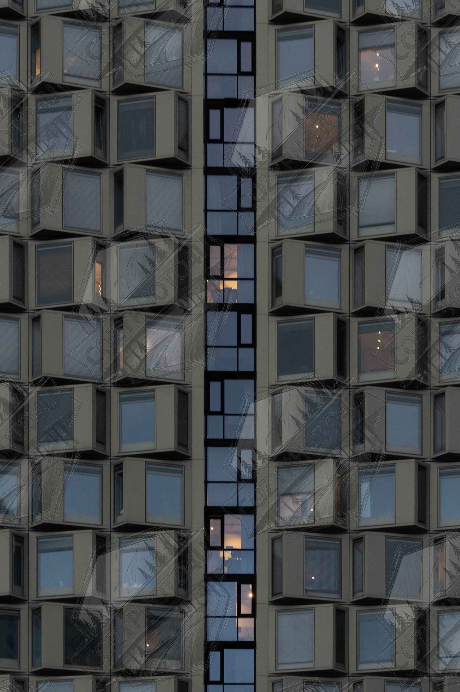 Digital picture art Close up view of a modern building facade with a grid of reflective glass windows