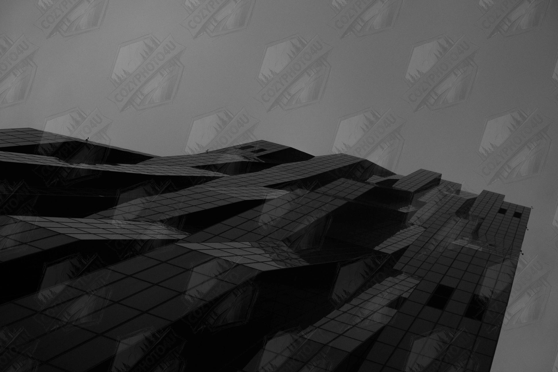 Digital picture art Black and white low-angle view of a modern skyscraper with bold geometric lines and dark textured facade