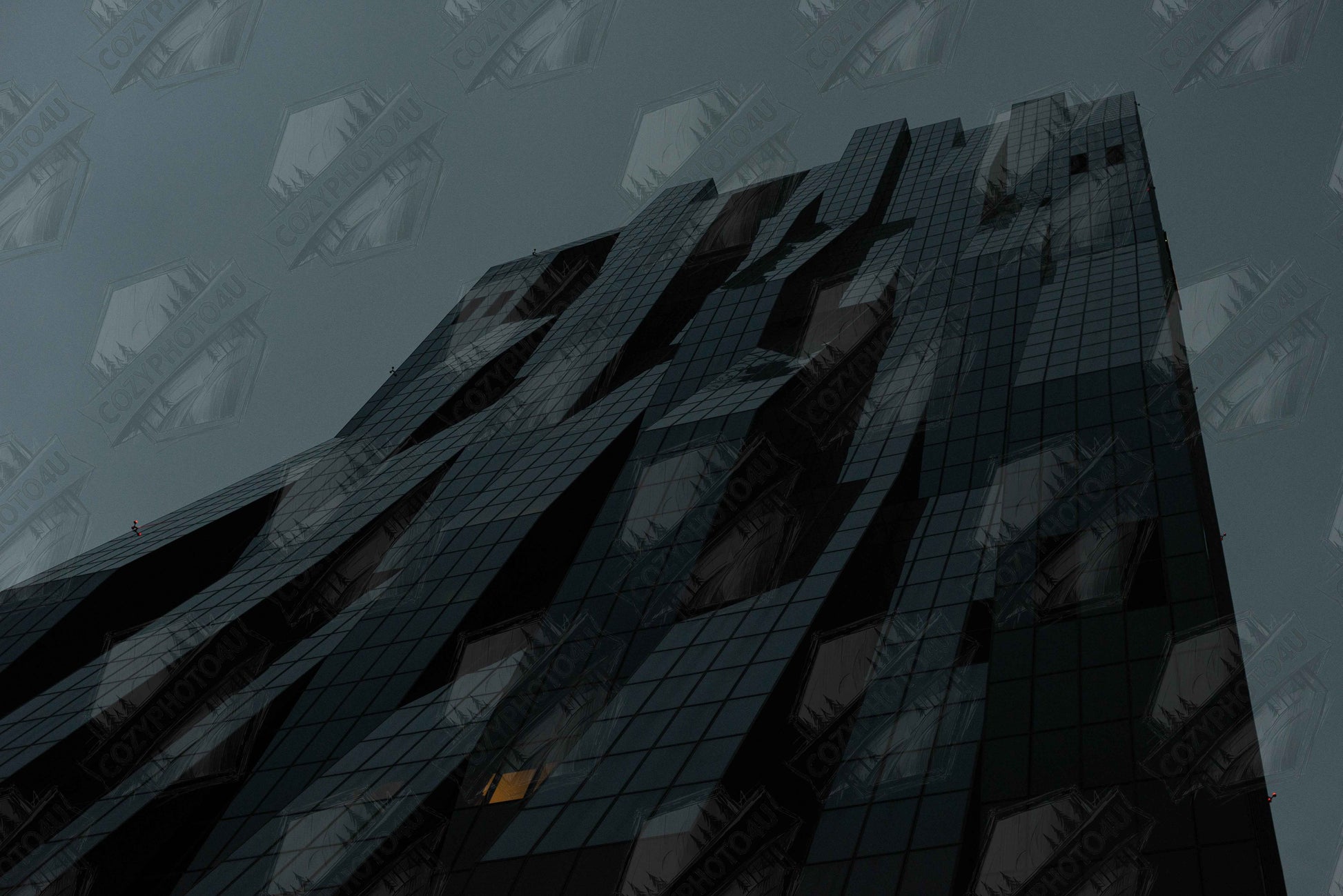 Digital Picture art Bluish low angle view of a modern skyscraper with bold geometric lines and dark textured facade