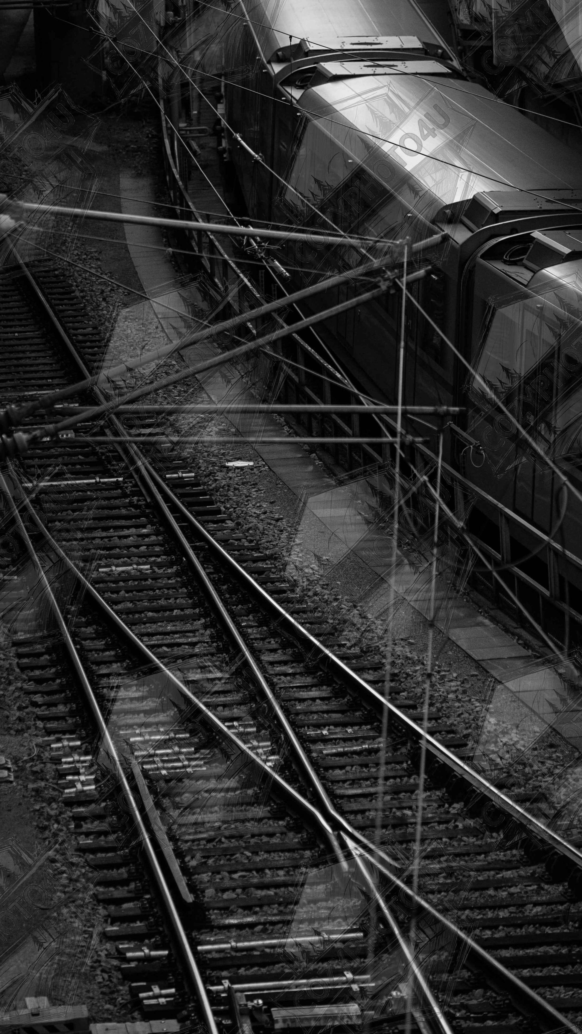Digital Picture artBlack and white aerial view of metro train and railway tracks in an urban underground or elevated rail system