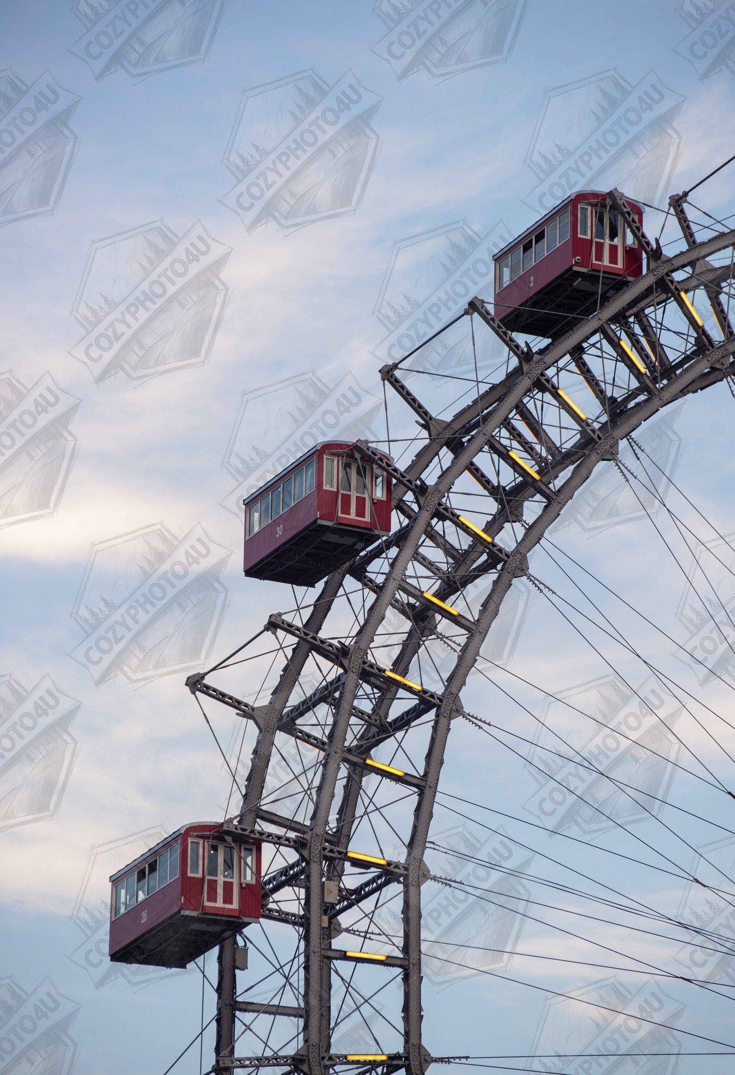 Digital Picture art Close up of the historic Vienna Prater Giant Ferris Wheel (Wiener Riesenrad) showing its iconic steel structure and vintage mechanical details