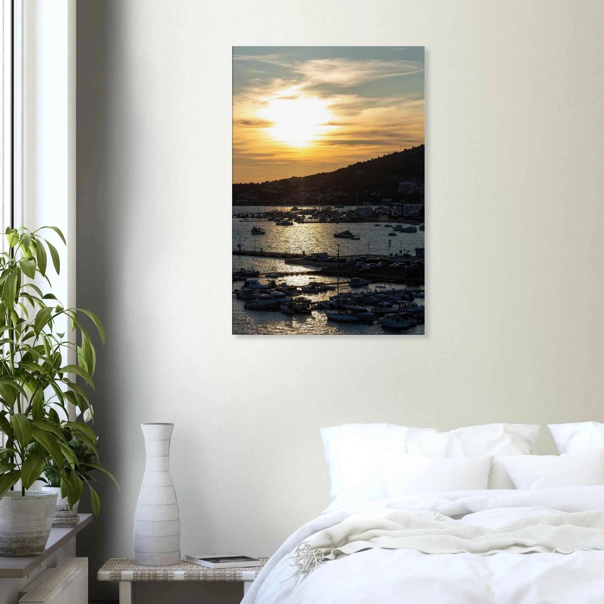 Canvas Print wall art of small boats anchored in a seaside port during Sunset at the harbor on the wall in the Bedroom