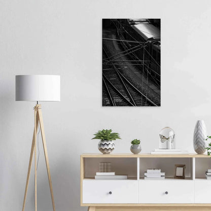 Black and white aerial view of metro train and railway tracks in an urban underground or elevated rail system on Canvas Print wall art on the wall in the Livingroom