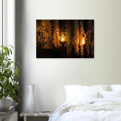 Nature canvas print wall art with featuring fairy lights and spring flowers on the wall in the Bedroom