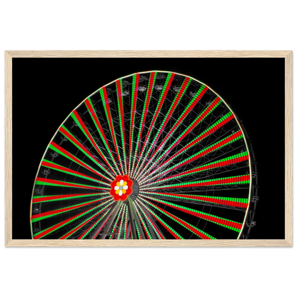 Night photo of the Vienna Prater Giant Ferris Wheel (Wiener Riesenrad) illuminated with warm golden lights against a dark sky on wooden framed wall art