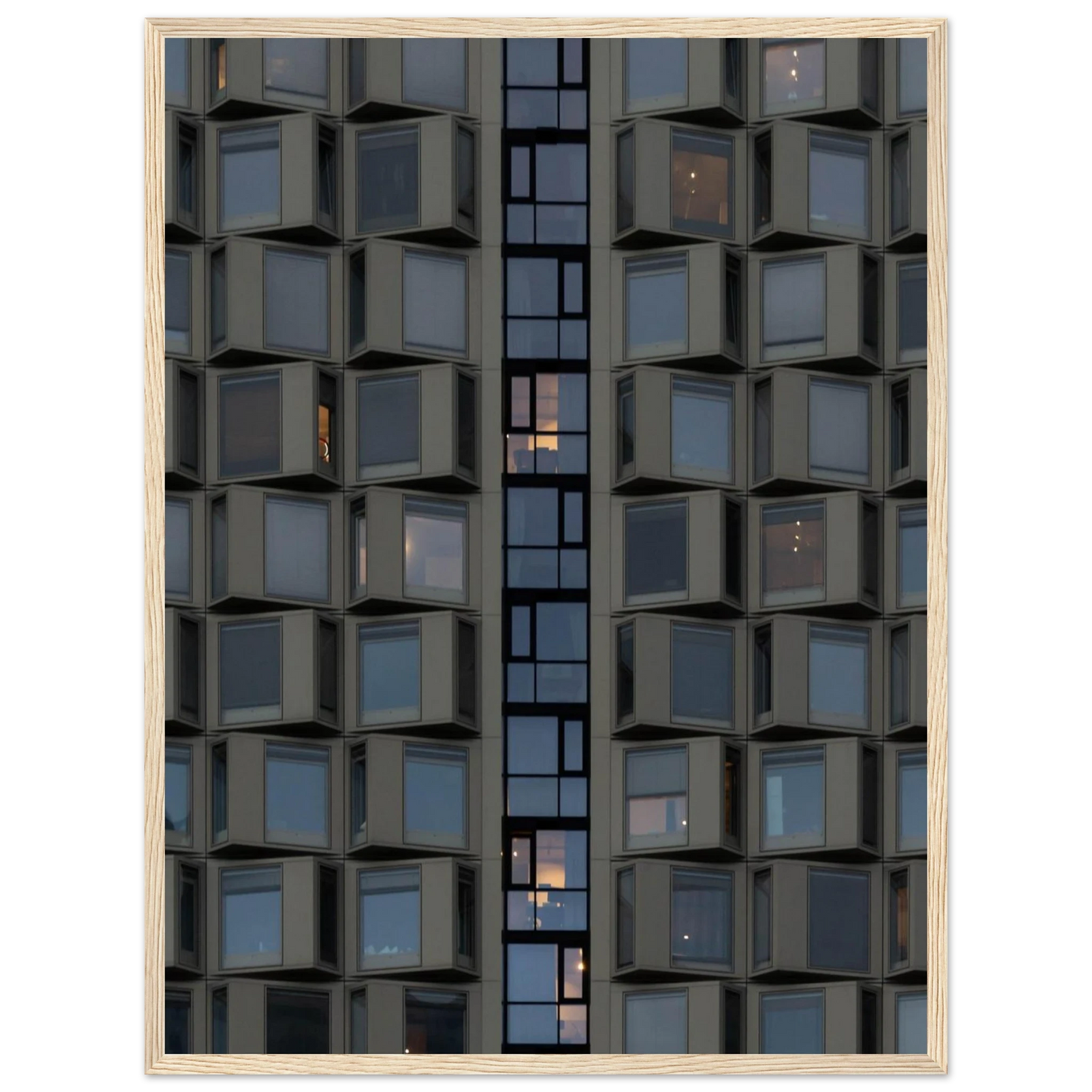 Close up view of a modern building facade with a grid of reflective glass windows on wooden frame wall art