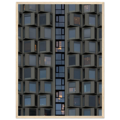 Close up view of a modern building facade with a grid of reflective glass windows on wooden frame wall art