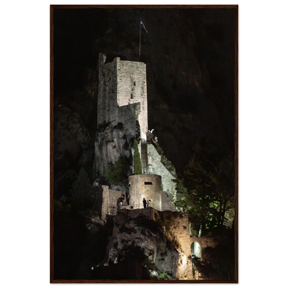 Wooden framed wall art of an ancient stone bastion decorated with green climbing plants against a dark background in Shadow Keep