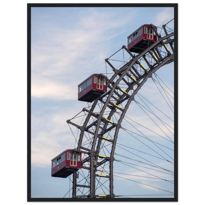 Close up of the historic Vienna Prater Giant Ferris Wheel (Wiener Riesenrad) showing its iconic steel structure and vintage mechanical details on wooden framed wall art