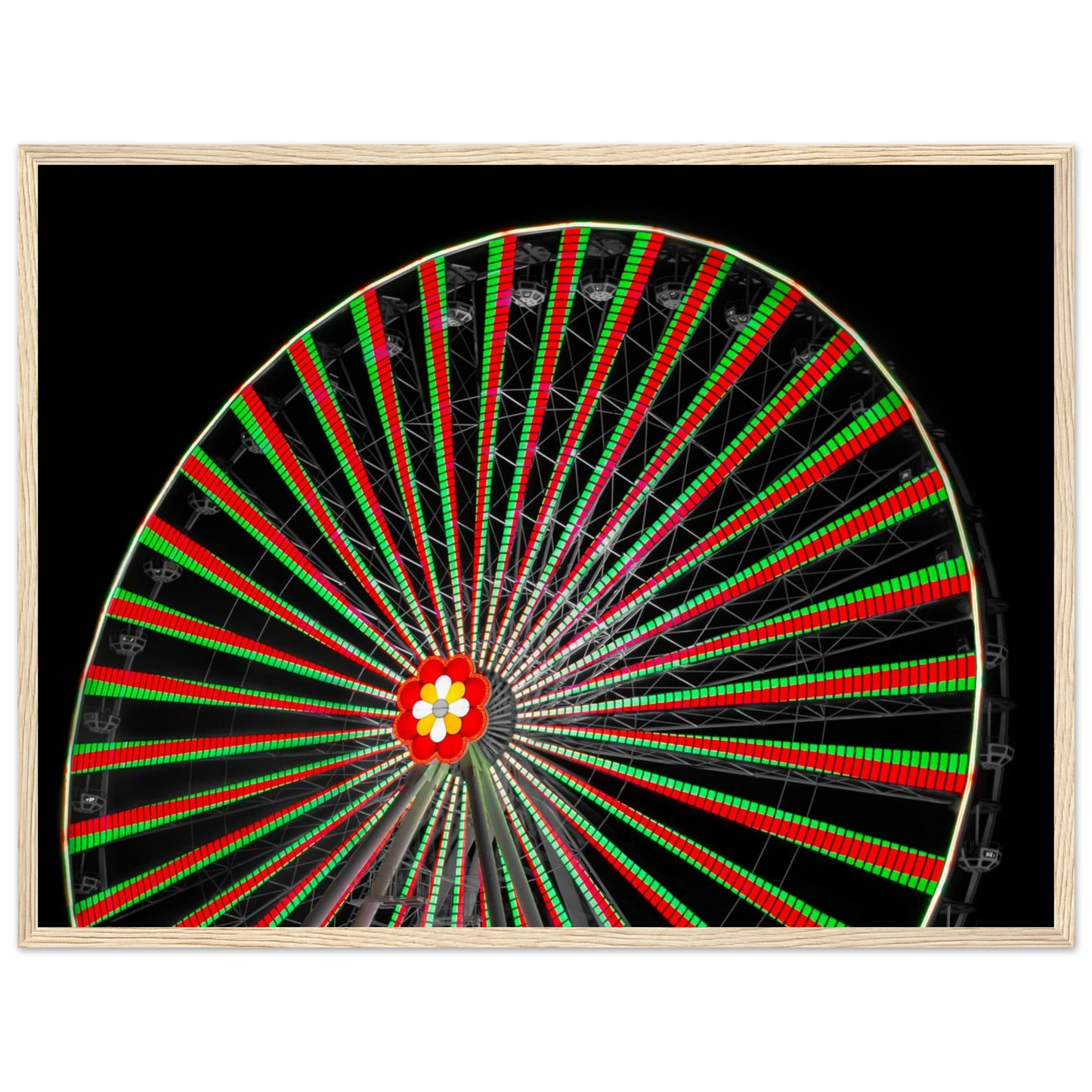Night photo of the Vienna Prater Giant Ferris Wheel (Wiener Riesenrad) illuminated with warm golden lights against a dark sky on wooden framed wall art