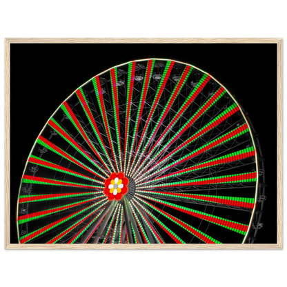 Night photo of the Vienna Prater Giant Ferris Wheel (Wiener Riesenrad) illuminated with warm golden lights against a dark sky on wooden framed wall art