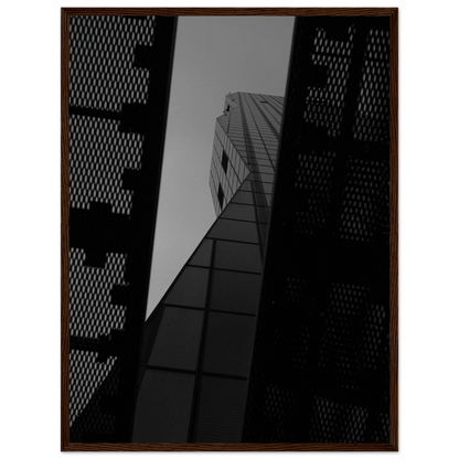 Black and white Low angle view looking up at a tall glass skyscraper framed between two metal structural elements on Wooden frame wall art