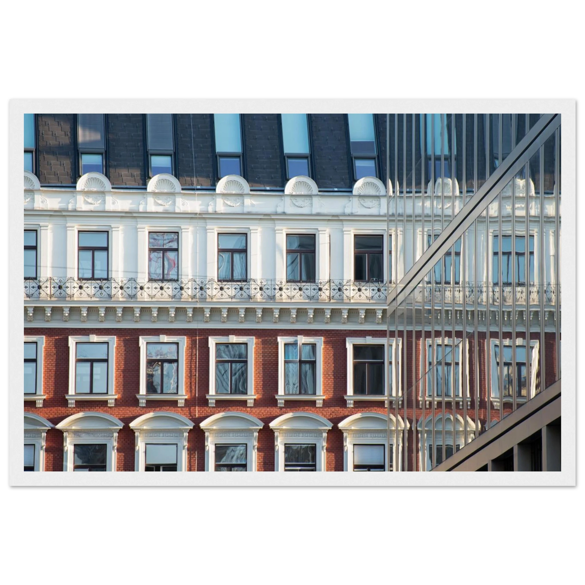 Wooden framed wall art Historic European-style Modern Houseblock building facade with multiple windows and elegant architectural details