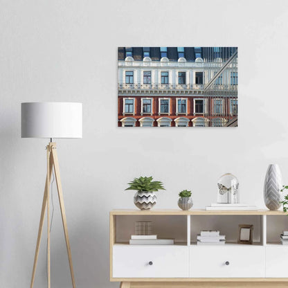 Canvas print wall art Historic European-style Modern Houseblock building facade with multiple windows and elegant architectural details on the wall in the Livingroom