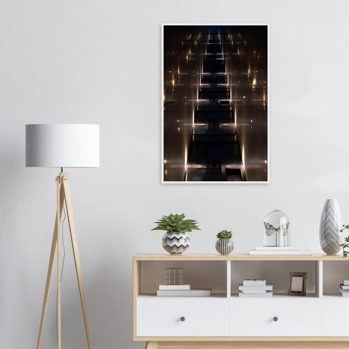 Low angle view looking up a narrow corridor-like passage between two skyscraper walls lined with rows of windows stretching toward the sky on wooden framed wall art on the wall in the Livingroom