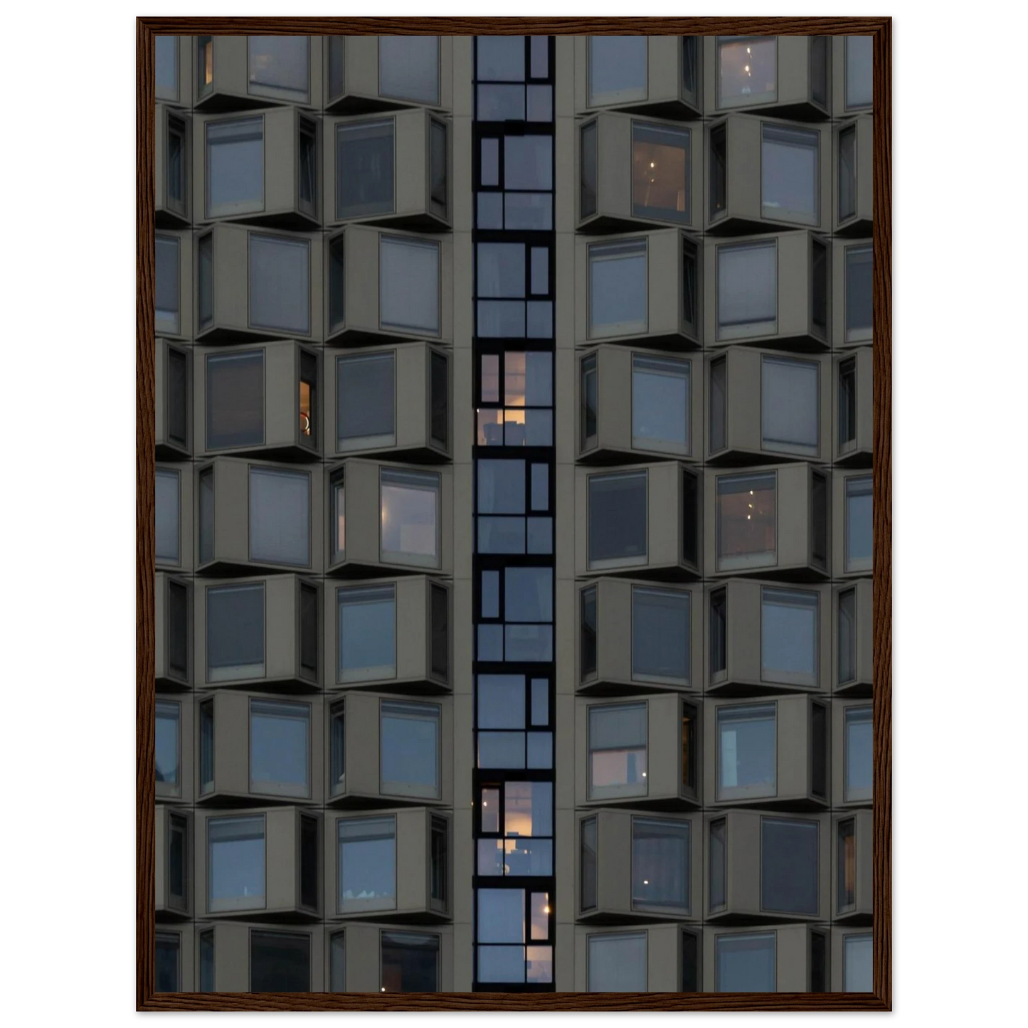 Close up view of a modern building facade with a grid of reflective glass windows on wooden frame wall art