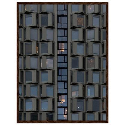 Close up view of a modern building facade with a grid of reflective glass windows on wooden frame wall art