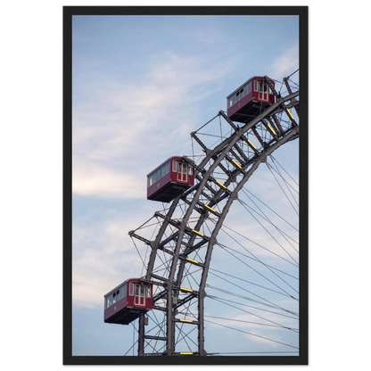Close up of the historic Vienna Prater Giant Ferris Wheel (Wiener Riesenrad) showing its iconic steel structure and vintage mechanical details on wooden framed wall art