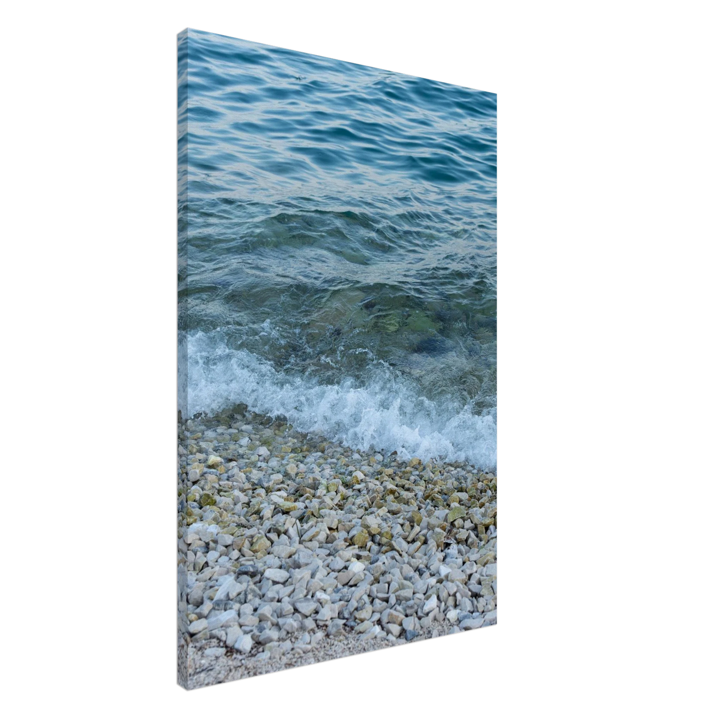Aerial view ocean beach with wood frame canvas print, top down drone shot of blue sea foam and pebbles