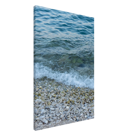 Aerial view ocean beach with wood frame canvas print, top down drone shot of blue sea foam and pebbles