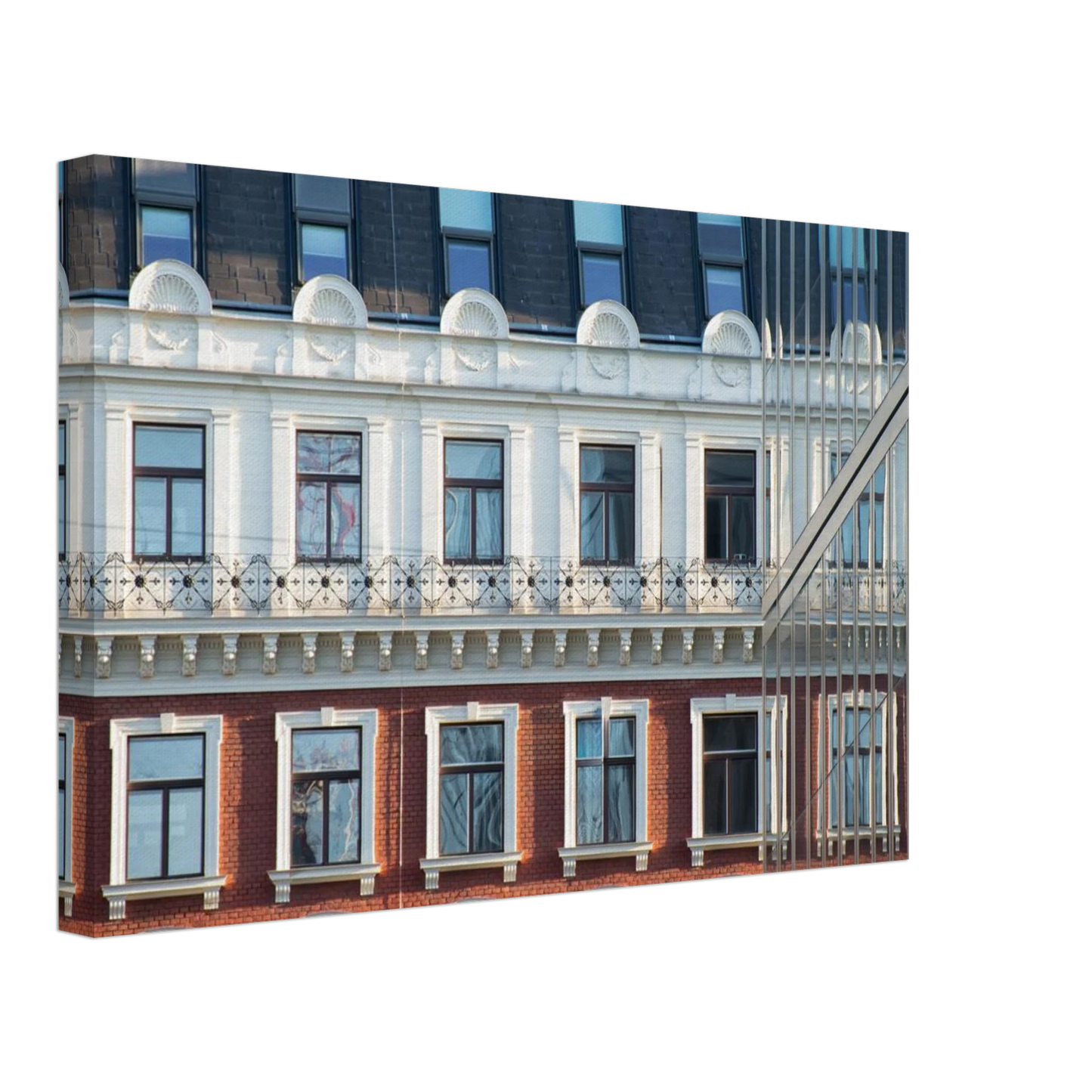 Canvas print wall art Historic European-style Modern Houseblock building facade with multiple windows and elegant architectural details