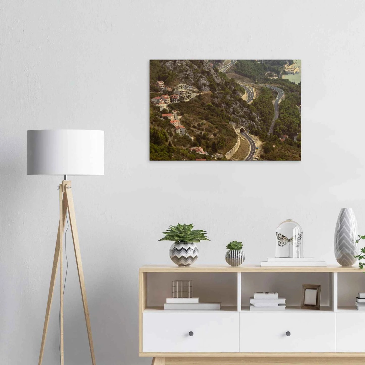 Classic, retro oil painting of a detailed landscape scene with lush trees, figures and rich natural surroundings on Canvas print wall art on the wall in the Livingroom