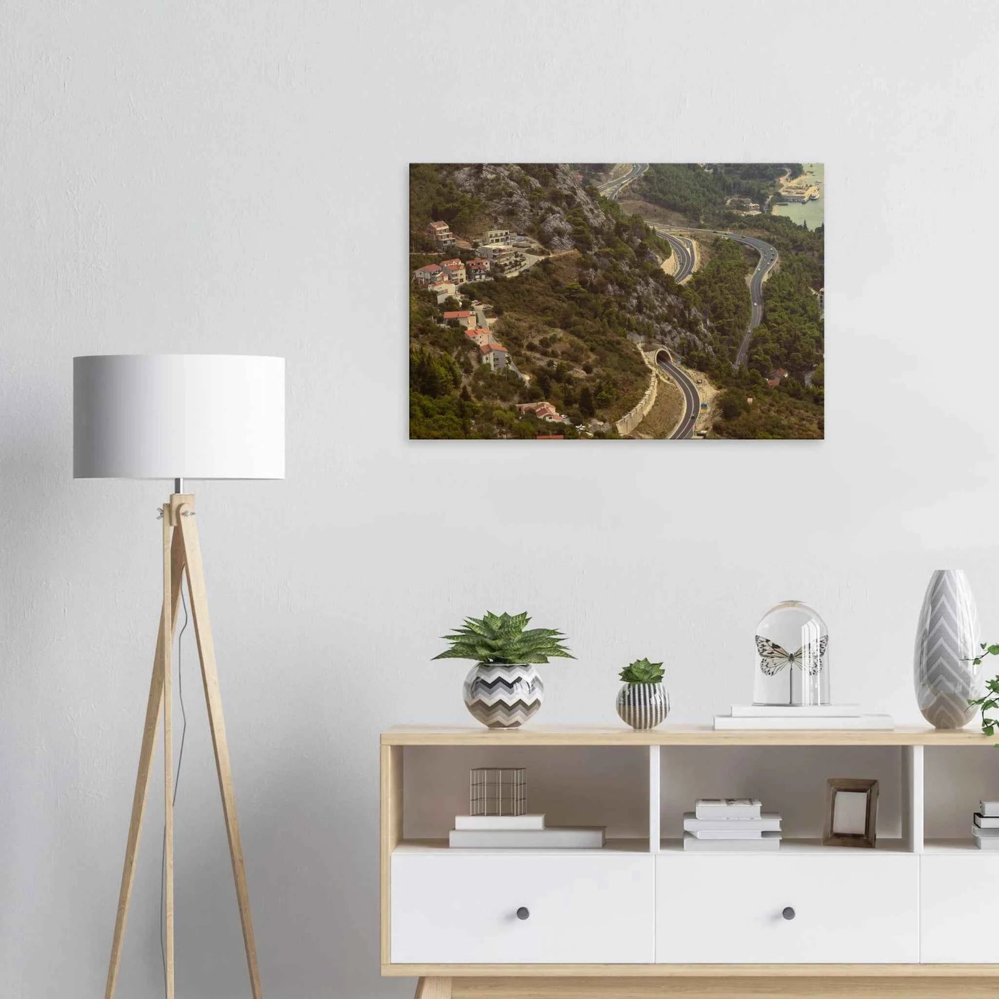 Classic, retro oil painting of a detailed landscape scene with lush trees, figures and rich natural surroundings on Canvas print wall art on the wall in the Livingroom