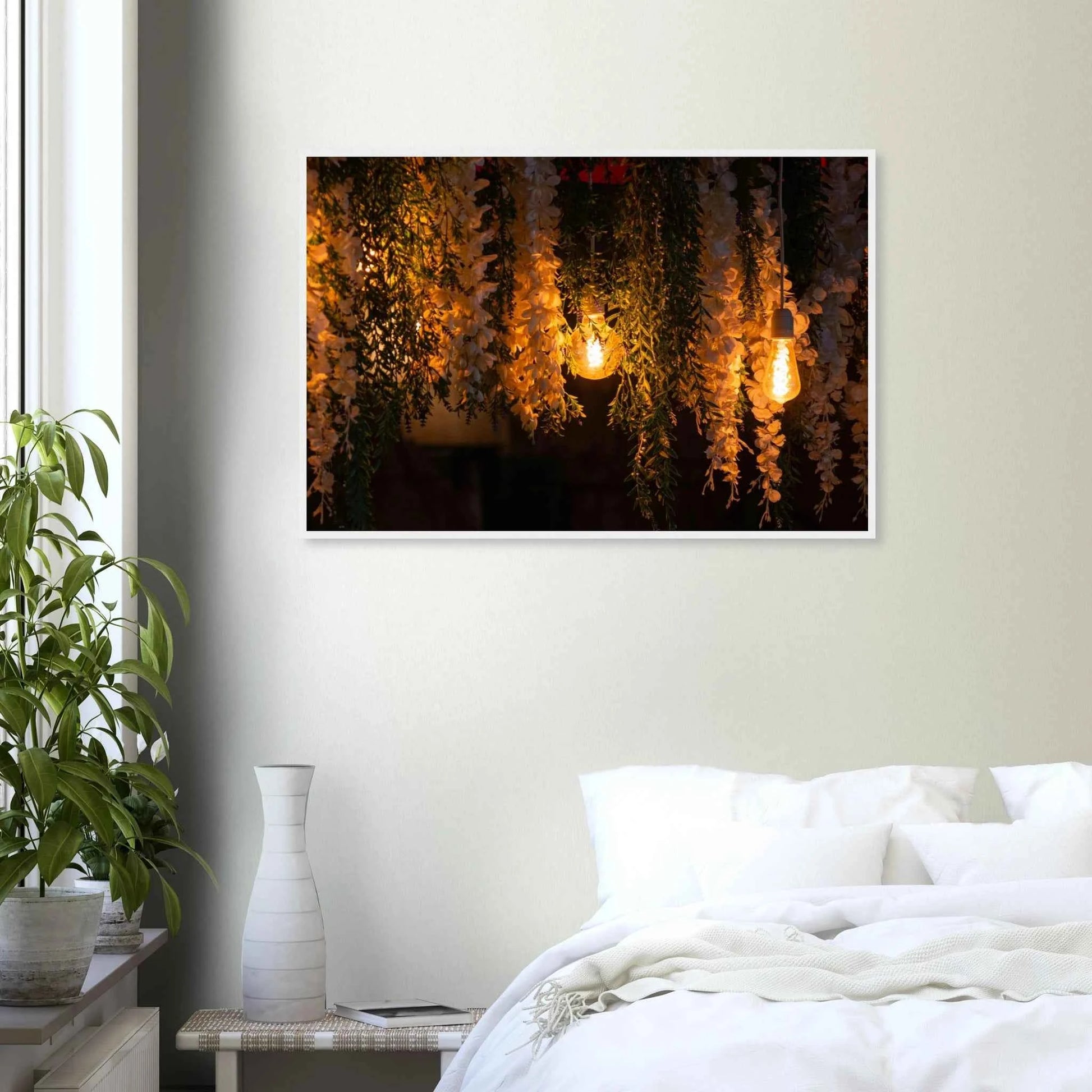 Nature wooden framed wall art with featuring fairy lights and spring flowers on the wall in the Bedroom
