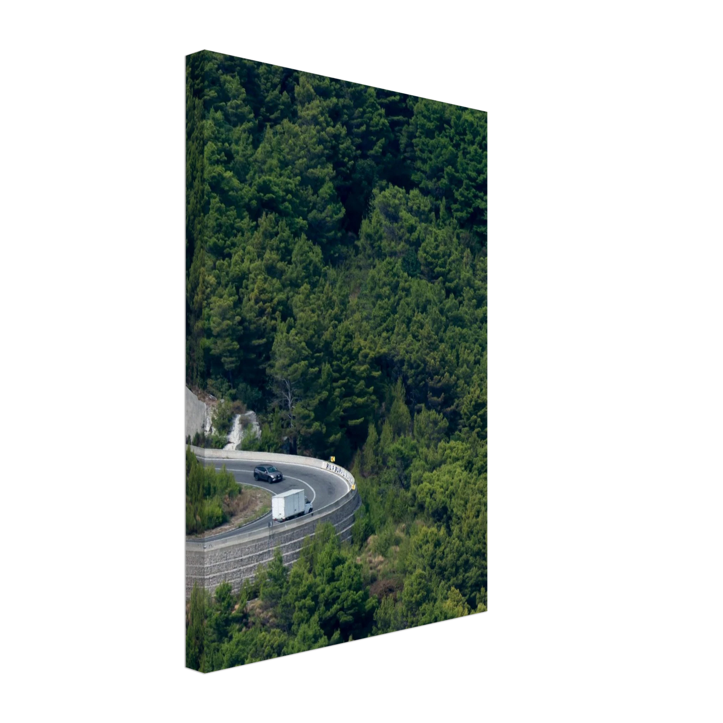 Aerial view of a winding road curve with cars surrounded by lush green forest landscape on Canvas print wall art