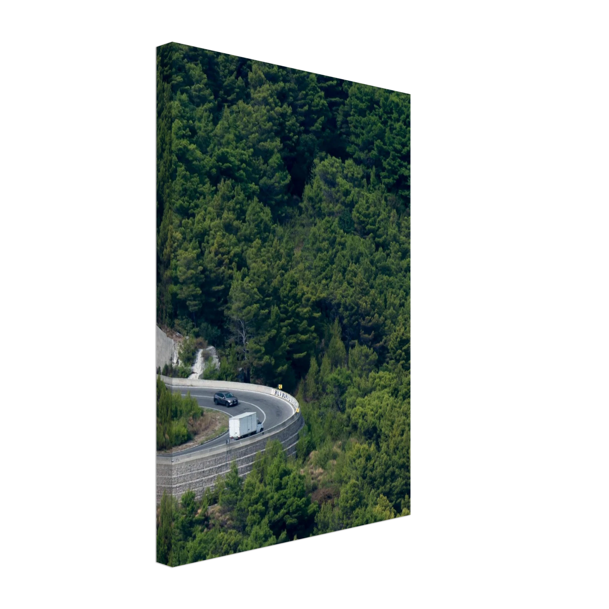 Aerial view of a winding road curve with cars surrounded by lush green forest landscape on Canvas print wall art