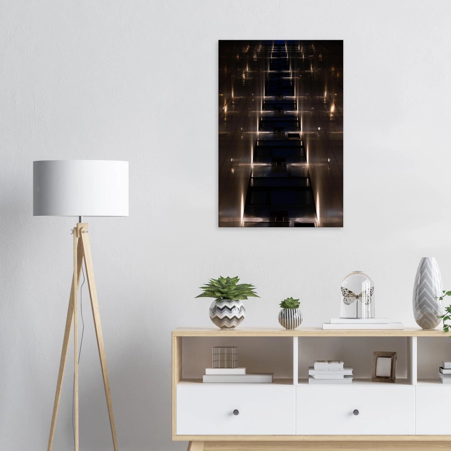 Low angle view looking up a narrow corridor-like passage between two skyscraper walls lined with rows of windows stretching toward the sky on Canvas print wall art on the wall in the Livingroom