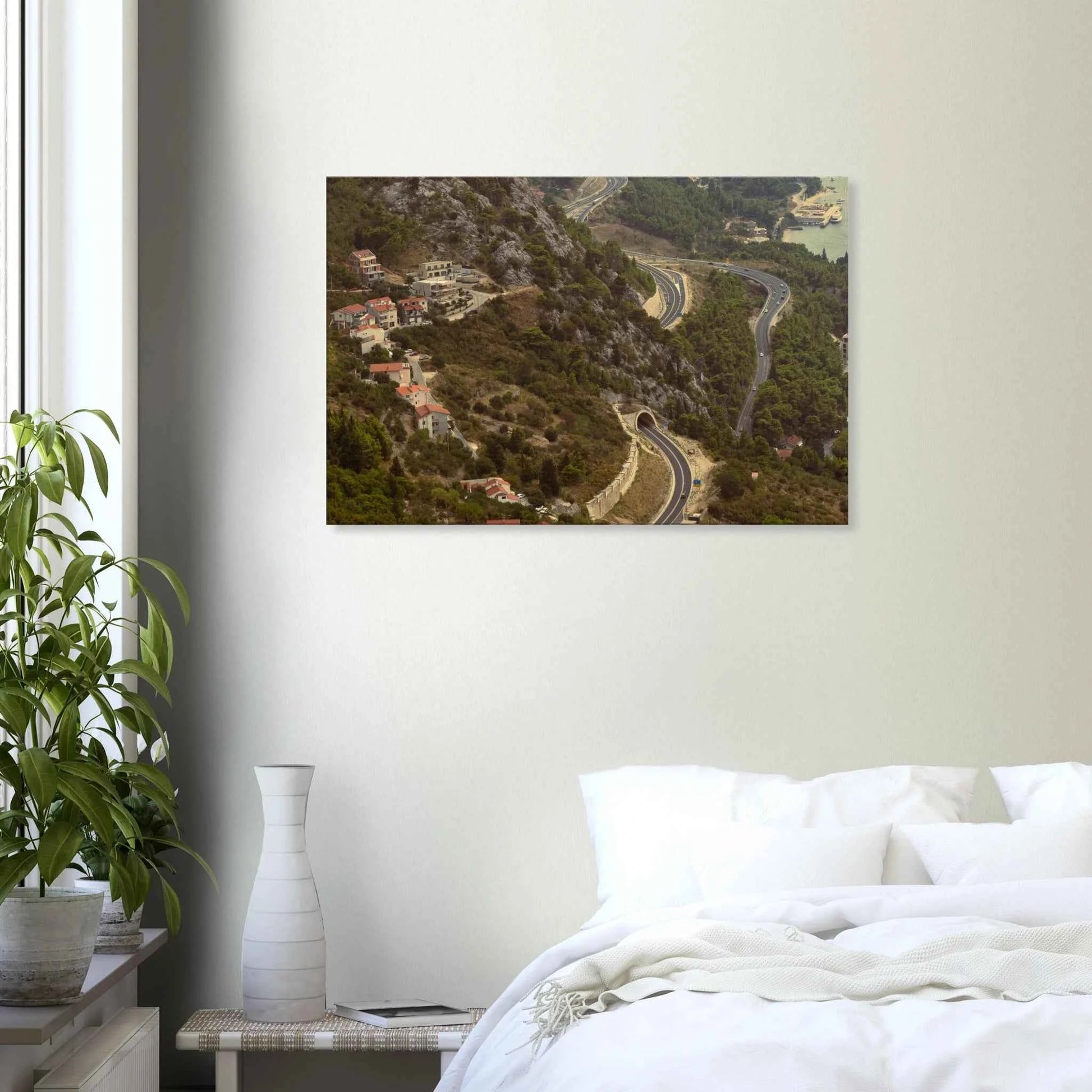 Classic, retro oil painting of a detailed landscape scene with lush trees, figures and rich natural surroundings on Canvas print wall art on the wall in the Bedroom