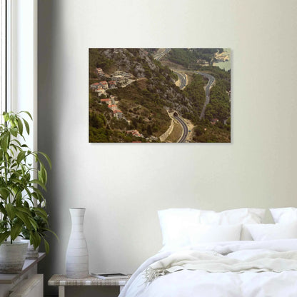 Classic, retro oil painting of a detailed landscape scene with lush trees, figures and rich natural surroundings on Canvas print wall art on the wall in the Bedroom