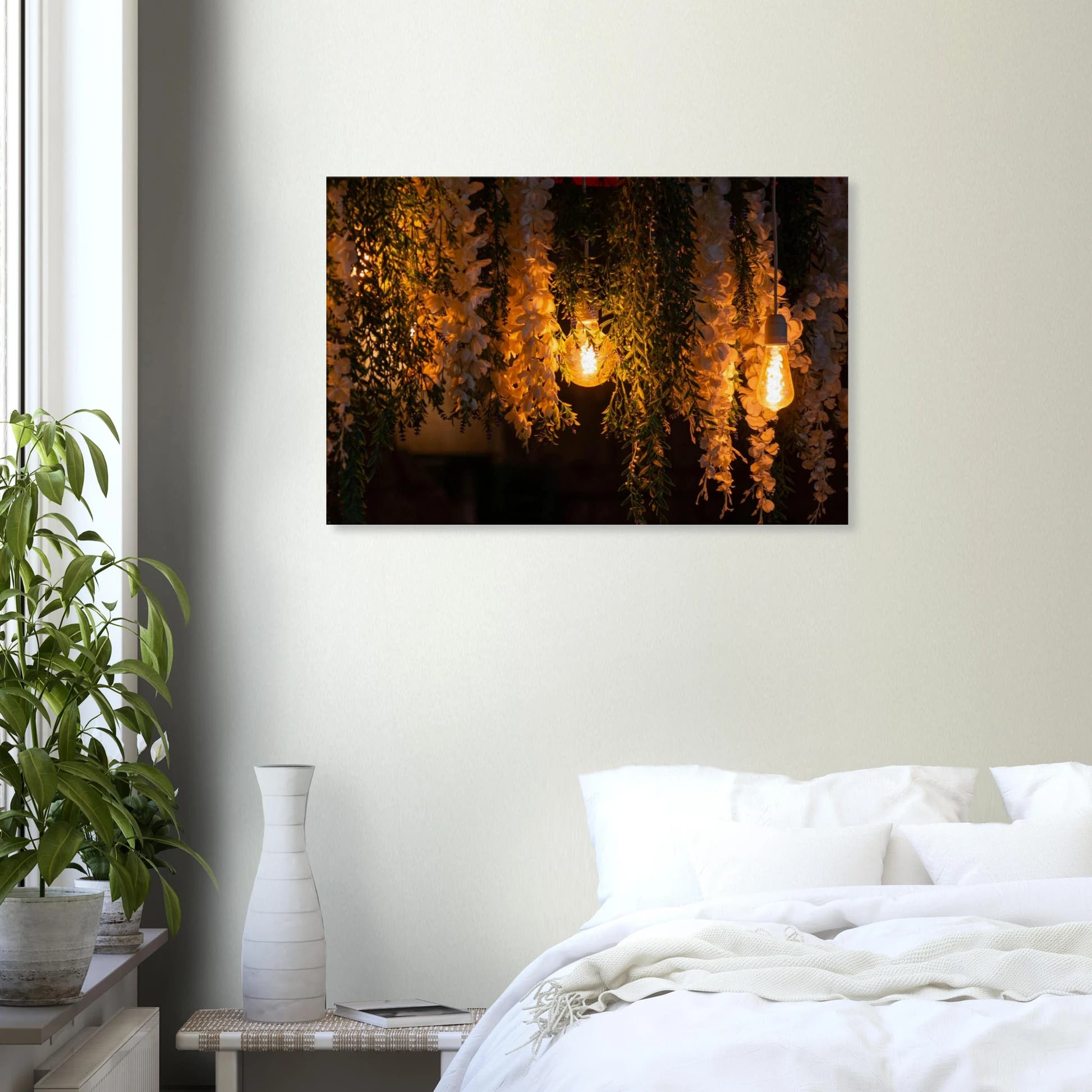 Nature canvas print wall art with featuring fairy lights and spring flowers on the wall in the Bedroom