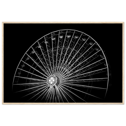 Black and white night photo of the Vienna Prater Giant Ferris Wheel (Wiener Riesenrad) with illuminated spokes forming a circular pattern against the dark sky on wooden framed wall art