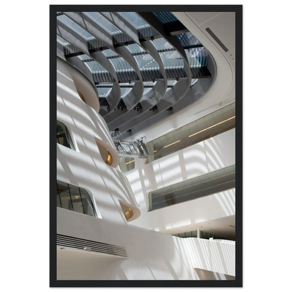 Interior view of the Library of WU (Vienna University of Economics and Business) on wooden frame wall art featuring modern architecture with multiple floors and open study spaces