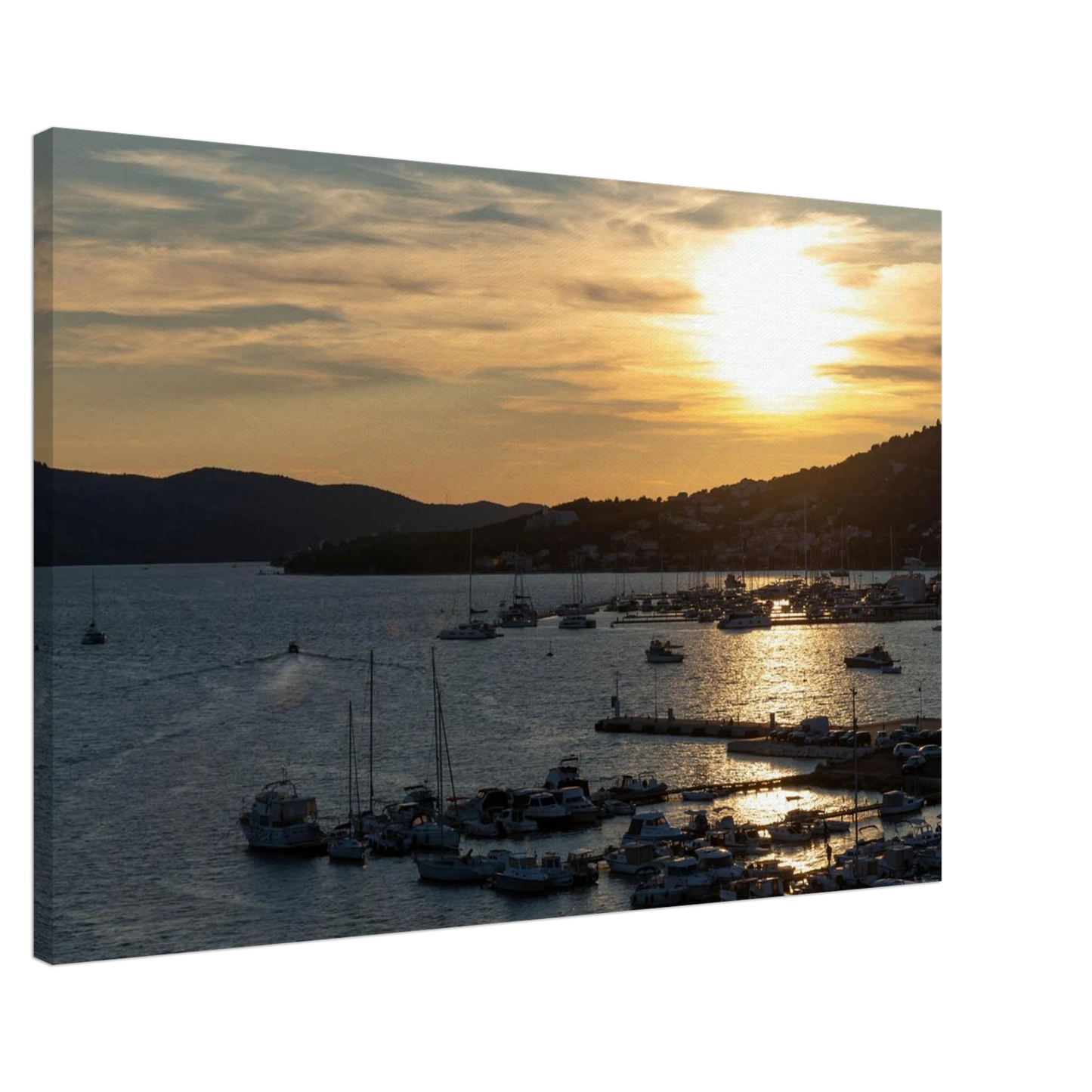Canvas Print wall art of small boats anchored in a seaside port during Sunset at the harbor