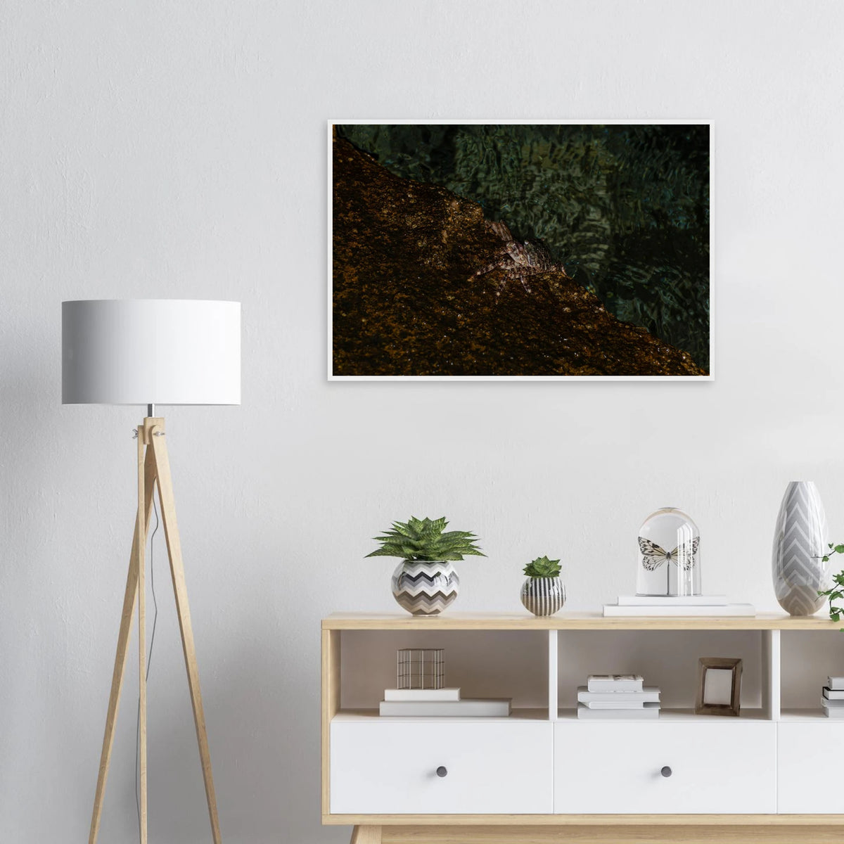 The Crab – crab on the seashore nature photography photo print in a wooden frame