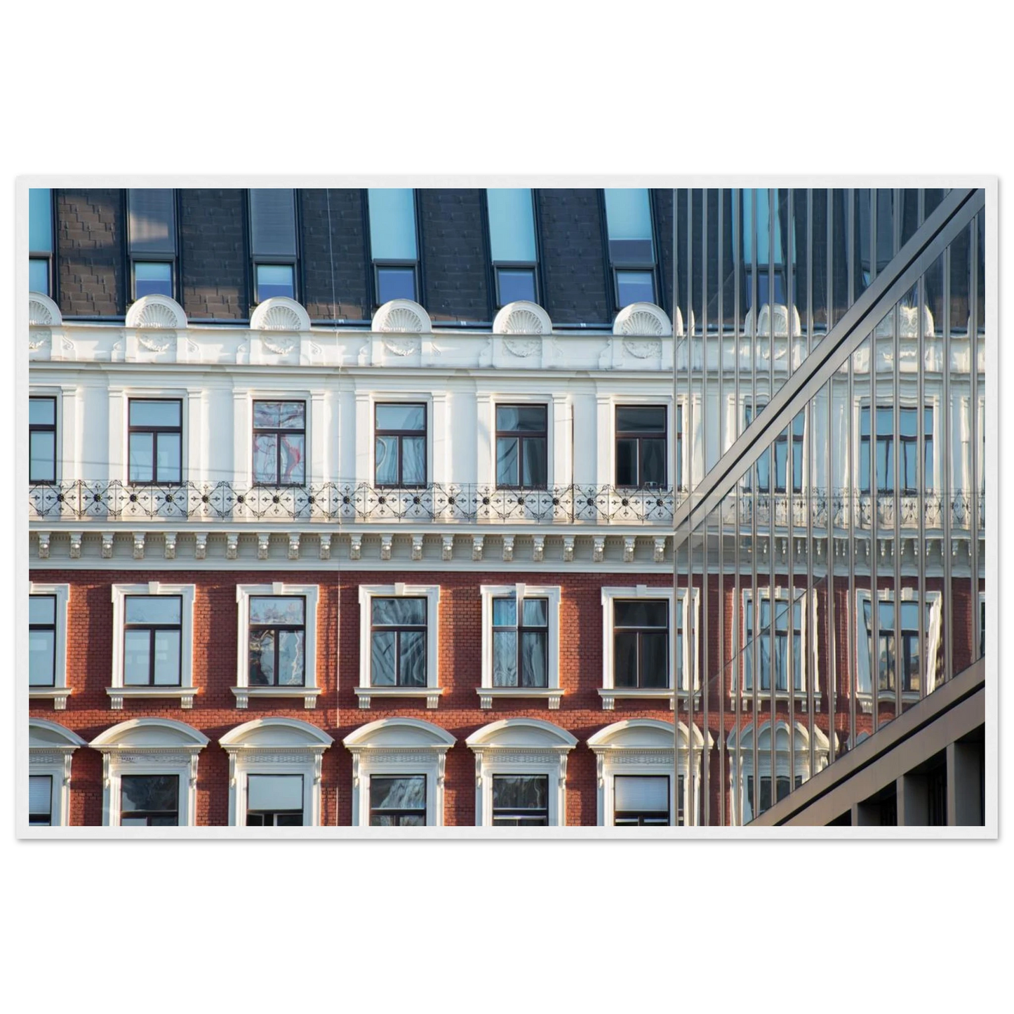 Wooden framed wall art Historic European-style Modern Houseblock building facade with multiple windows and elegant architectural details