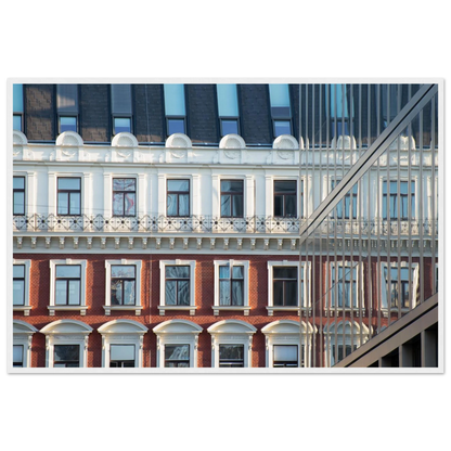 Wooden framed wall art Historic European-style Modern Houseblock building facade with multiple windows and elegant architectural details