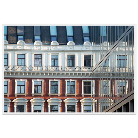 Wooden framed wall art Historic European-style Modern Houseblock building facade with multiple windows and elegant architectural details