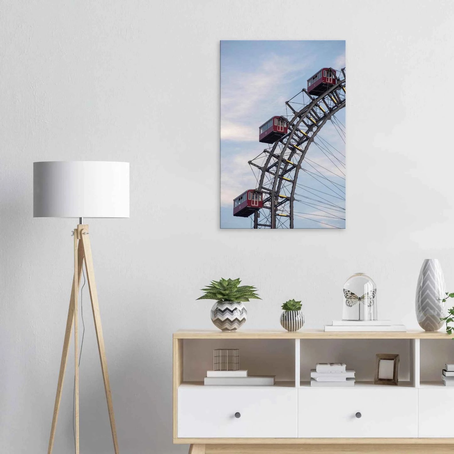 Close up of the historic Vienna Prater Giant Ferris Wheel (Wiener Riesenrad) showing its iconic steel structure and vintage mechanical details on Canvas print wall art on the wall in the Livingroom